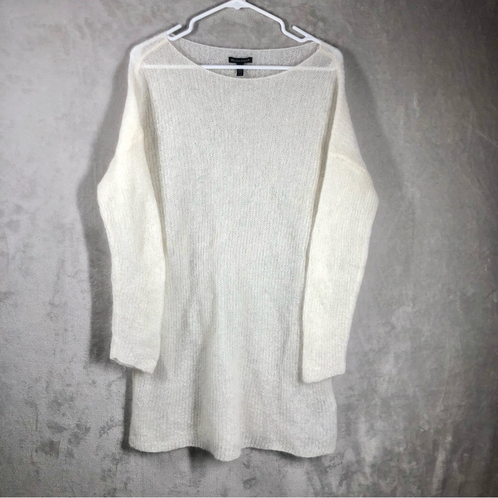 Eileen Fisher Open Knit Mohair Sweater Size M Ivory Sheer Lightweight Pullover‎